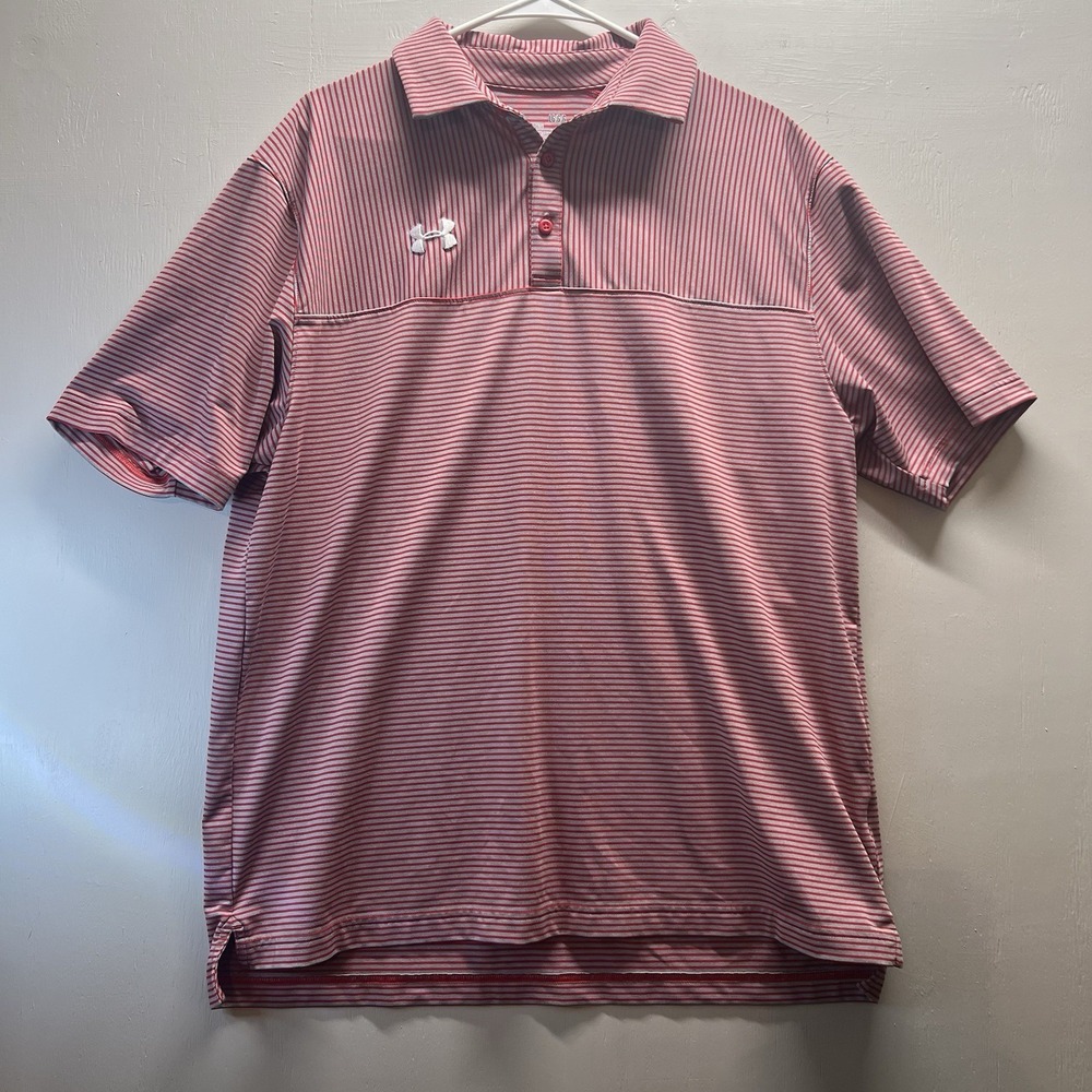 Under Armour Polo Shirt Mens‎ L Loose Red Striped Golf Heat Gear